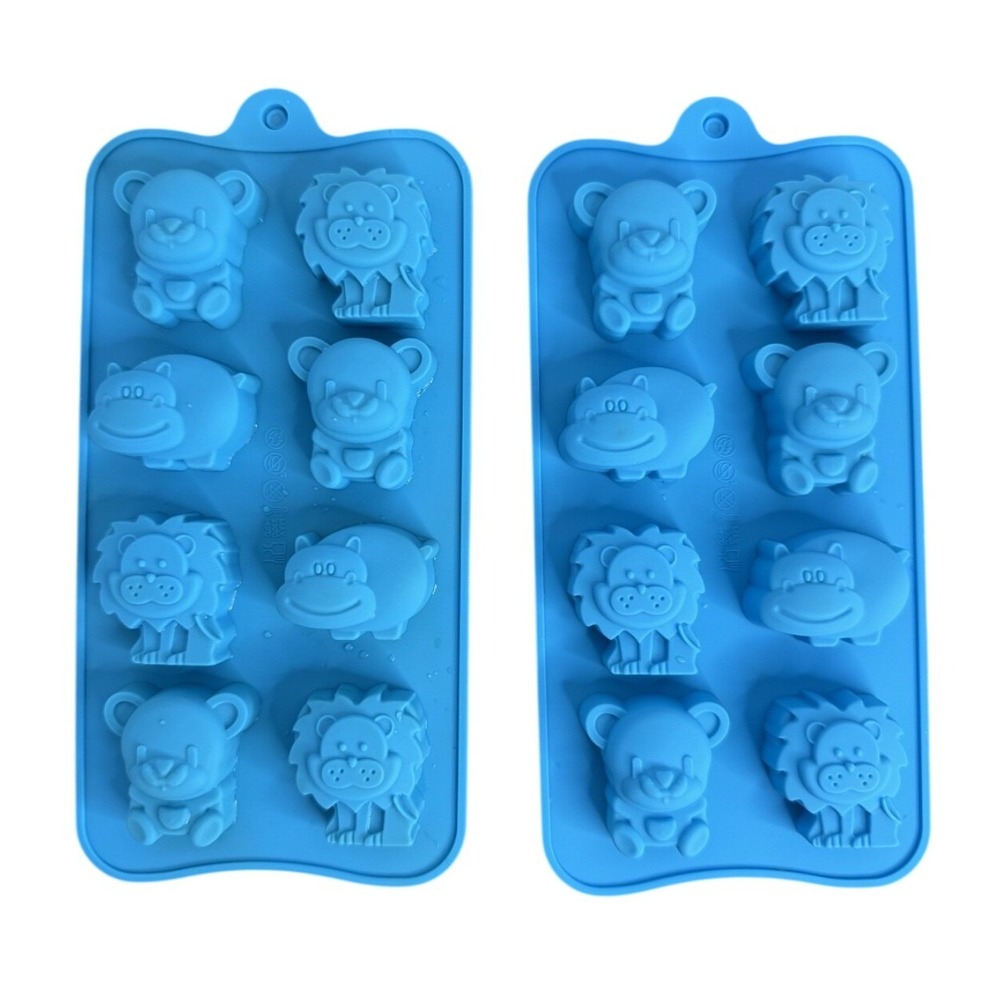 2 Pack Blue Silicone Animal Molds Lion Bear Hippo Candy Chocolate Ice Tray Set